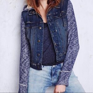 Free People Hooded Distressed Denim Jacket